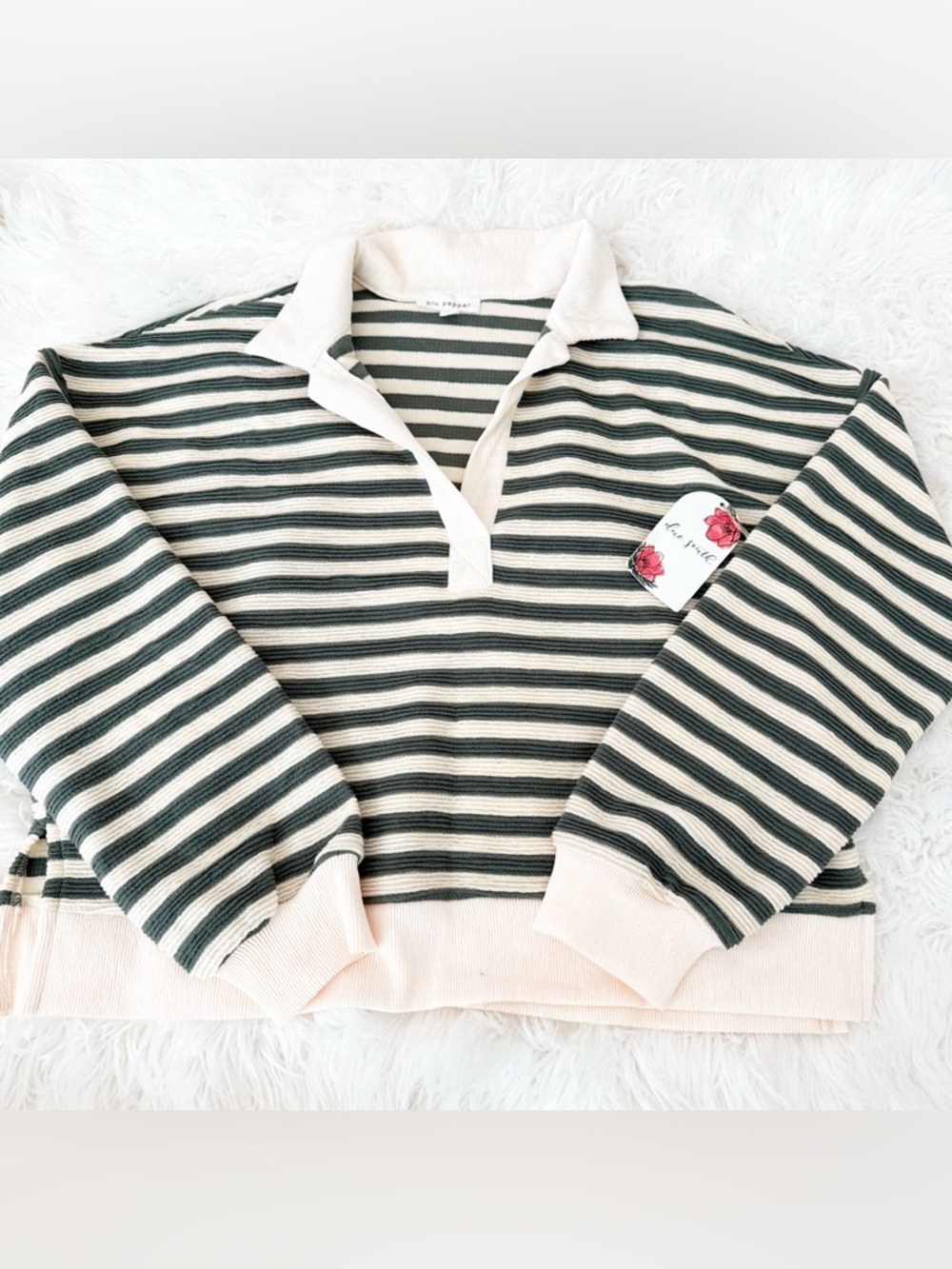 Blu Pepper Cream and Dark Green Striped Collared Sweater